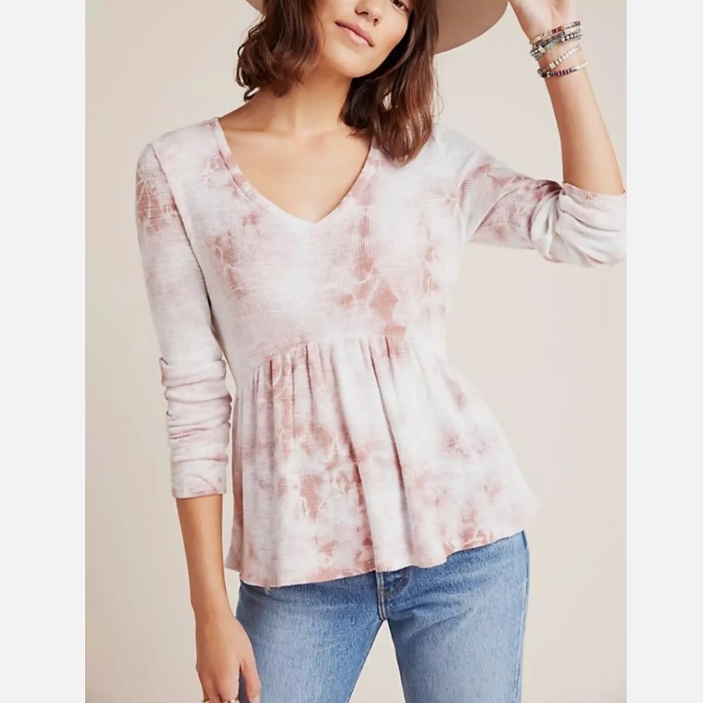 Anthropologie t.la Pink Tie Dye V Neck Peplum Long Sleeve Cotton Top S